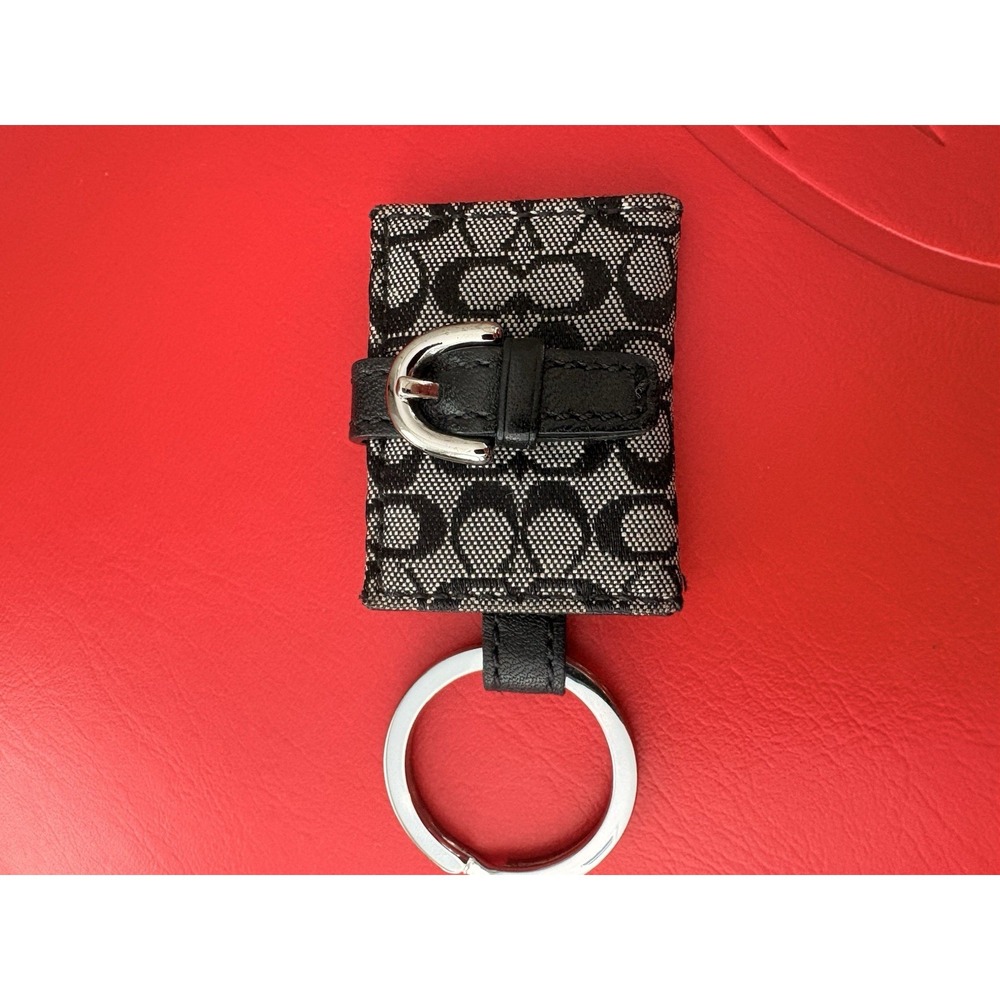 Vintage Y2K Coach Photo Key Chain Ring Jaquard Black Grey Leather Mini Rare - Picture 2 of 11